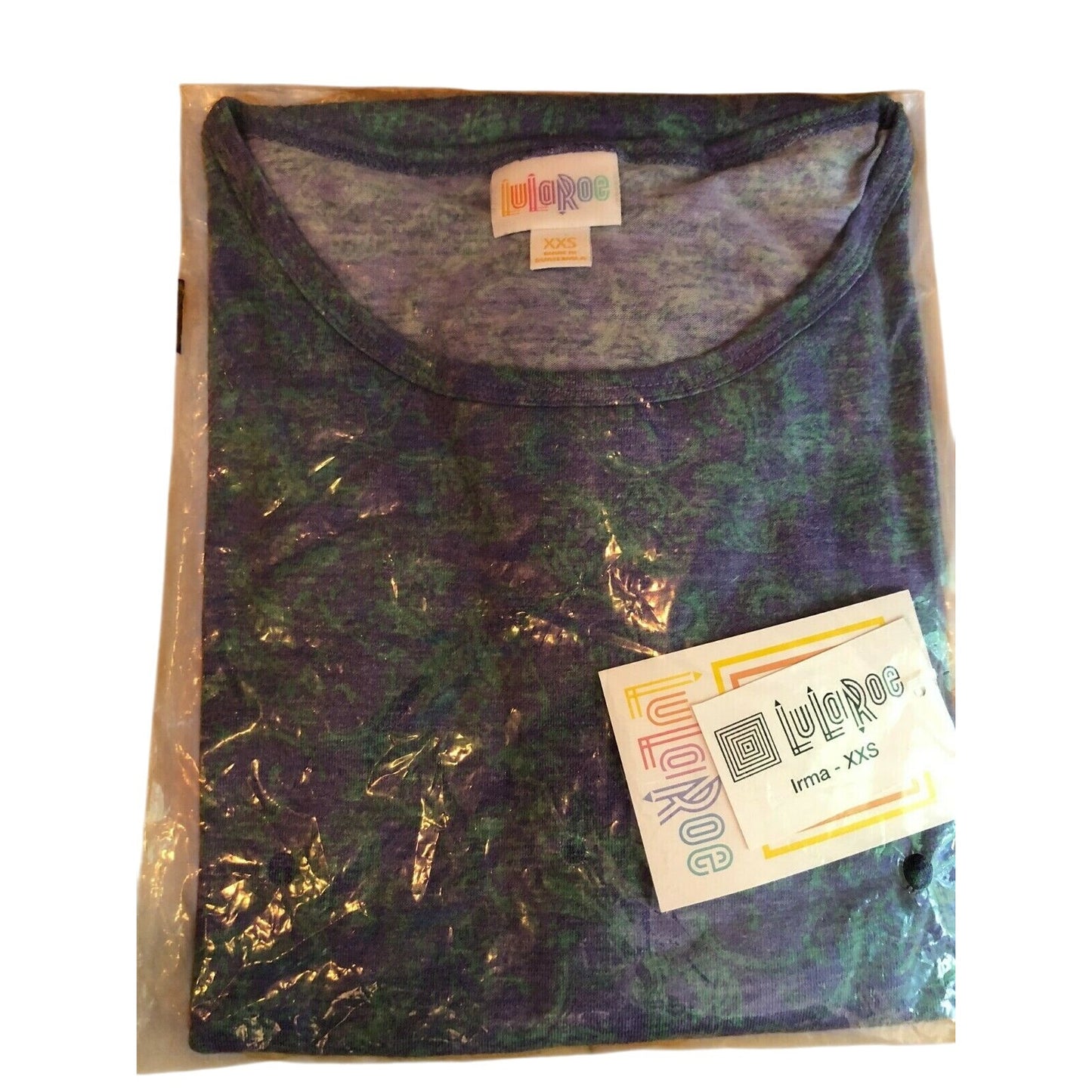 LuLaRoe Irma Top XXS Purple & Green Paisley Print High-Low Short Sleeve Tunic