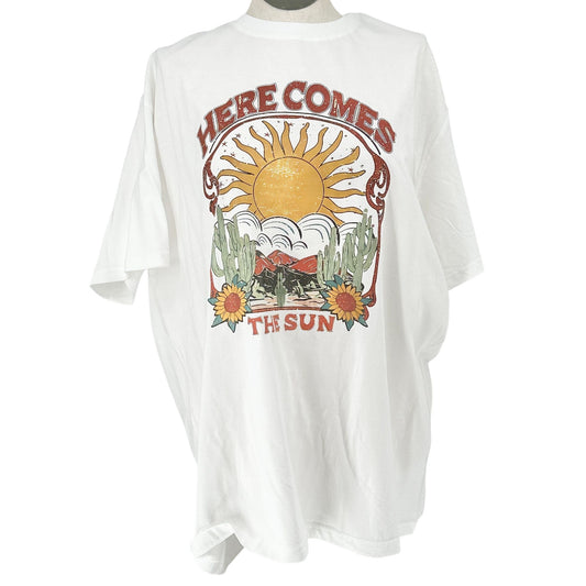 Here Comes The Sun Graphic T-Shirt White XL Retro Casual Style Oversized Roomy