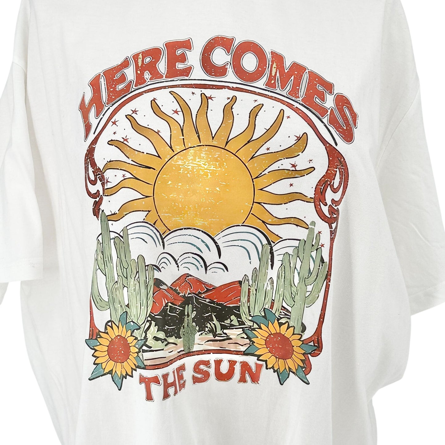 Here Comes The Sun Graphic T-Shirt White XL Retro Casual Style Oversized Roomy