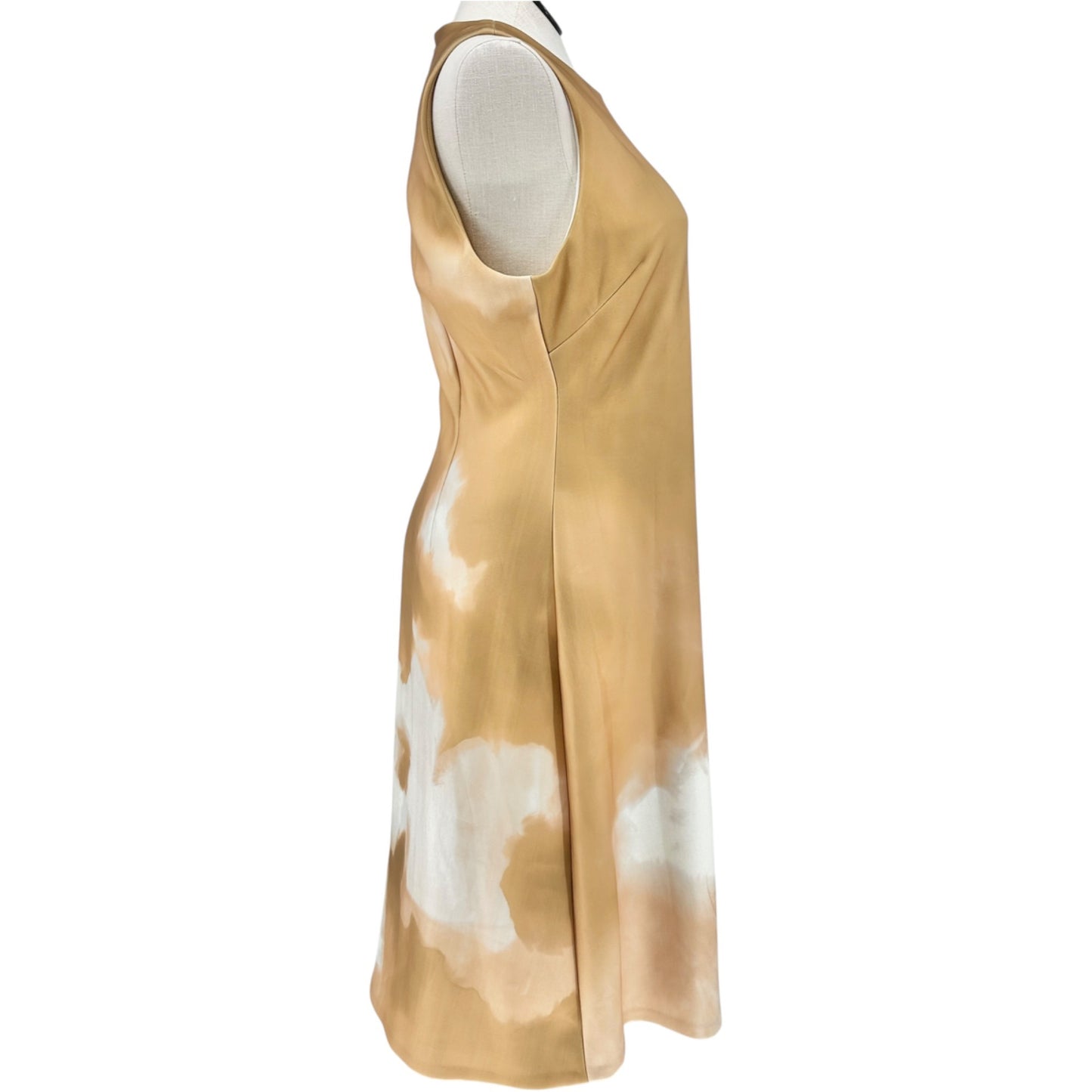 Donna Karan New York Dress Size 16 Watercolor Sleeveless A-Line Gold White Lined