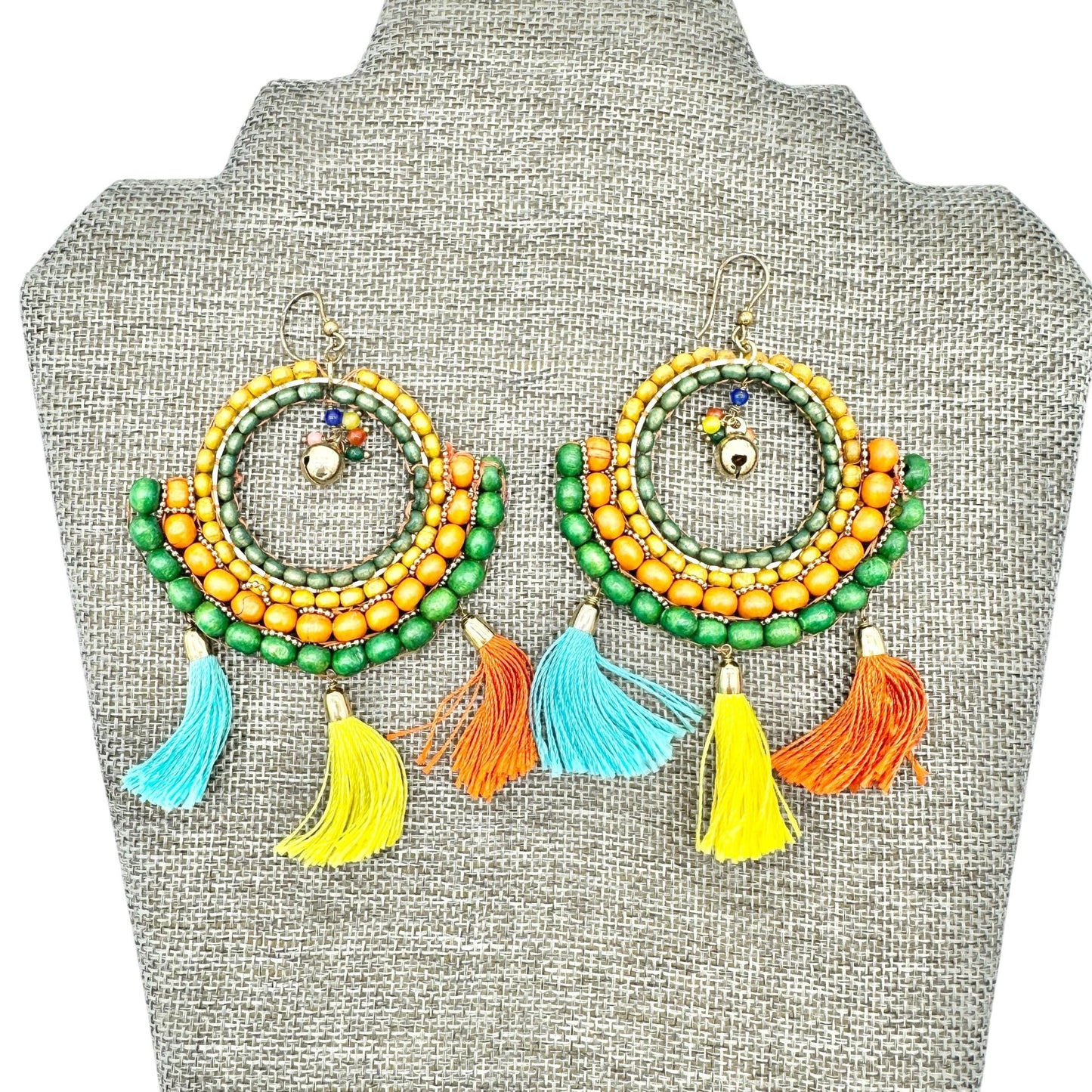Boho-Style Multicolor Beaded Hoop Earrings Tassels Bell Accent Statement Jewelry