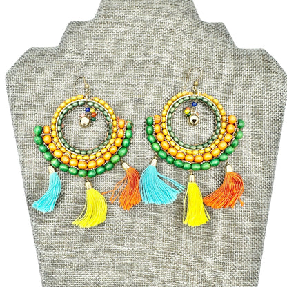 Boho-Style Multicolor Beaded Hoop Earrings Tassels Bell Accent Statement Jewelry