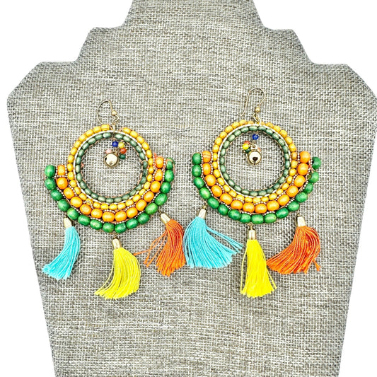 Boho-Style Multicolor Beaded Hoop Earrings Tassels Bell Accent Statement Jewelry