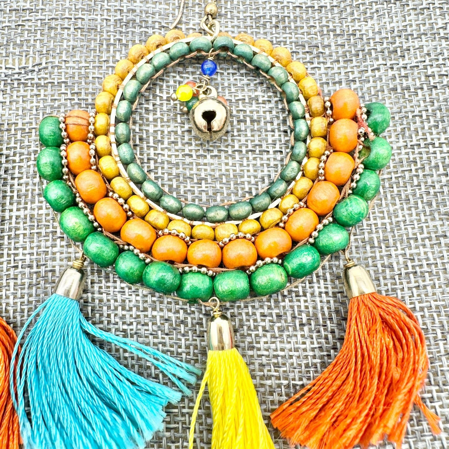 Boho-Style Multicolor Beaded Hoop Earrings Tassels Bell Accent Statement Jewelry