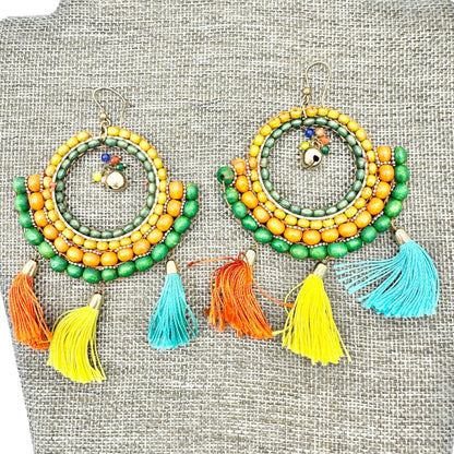 Boho-Style Multicolor Beaded Hoop Earrings Tassels Bell Accent Statement Jewelry
