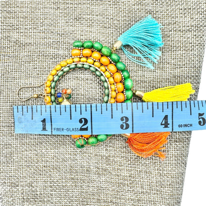 Boho-Style Multicolor Beaded Hoop Earrings Tassels Bell Accent Statement Jewelry