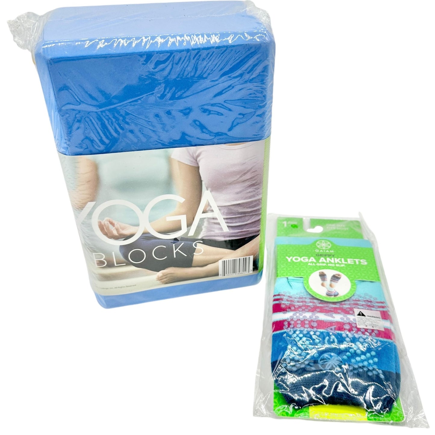 Gaiam Yoga Blocks AND Grippy Yoga Anklets Set Blue NIP