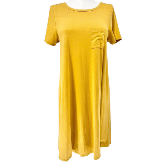 LuLaRoe Carly Dress Womens M SS Mustard Yellow A-Line Soft Stretchy Pocket HiLow