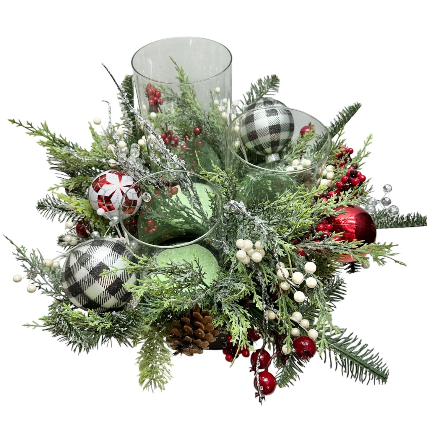 Holiday Centerpiece With Pinecones & Ornaments In Black Planter Bowl 13" Dia