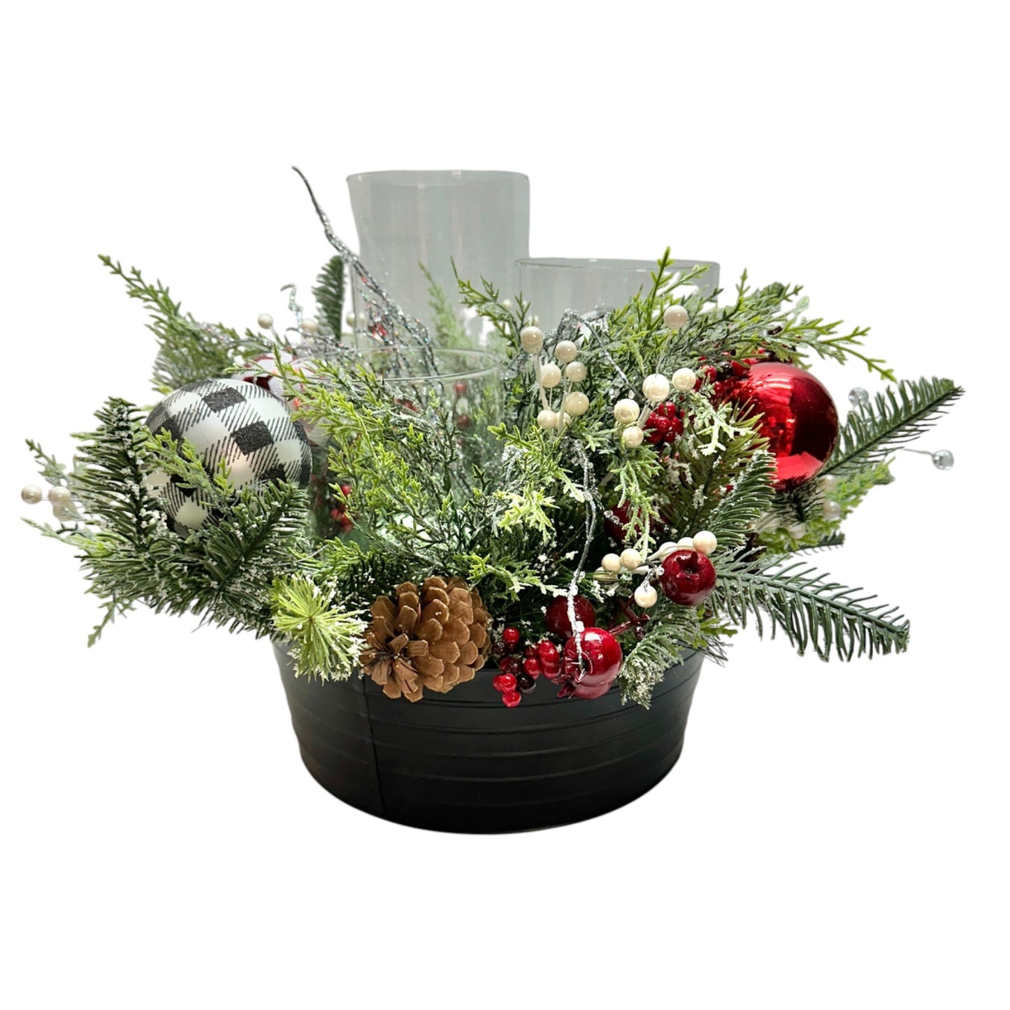 Holiday Centerpiece With Pinecones & Ornaments In Black Planter Bowl 13" Dia