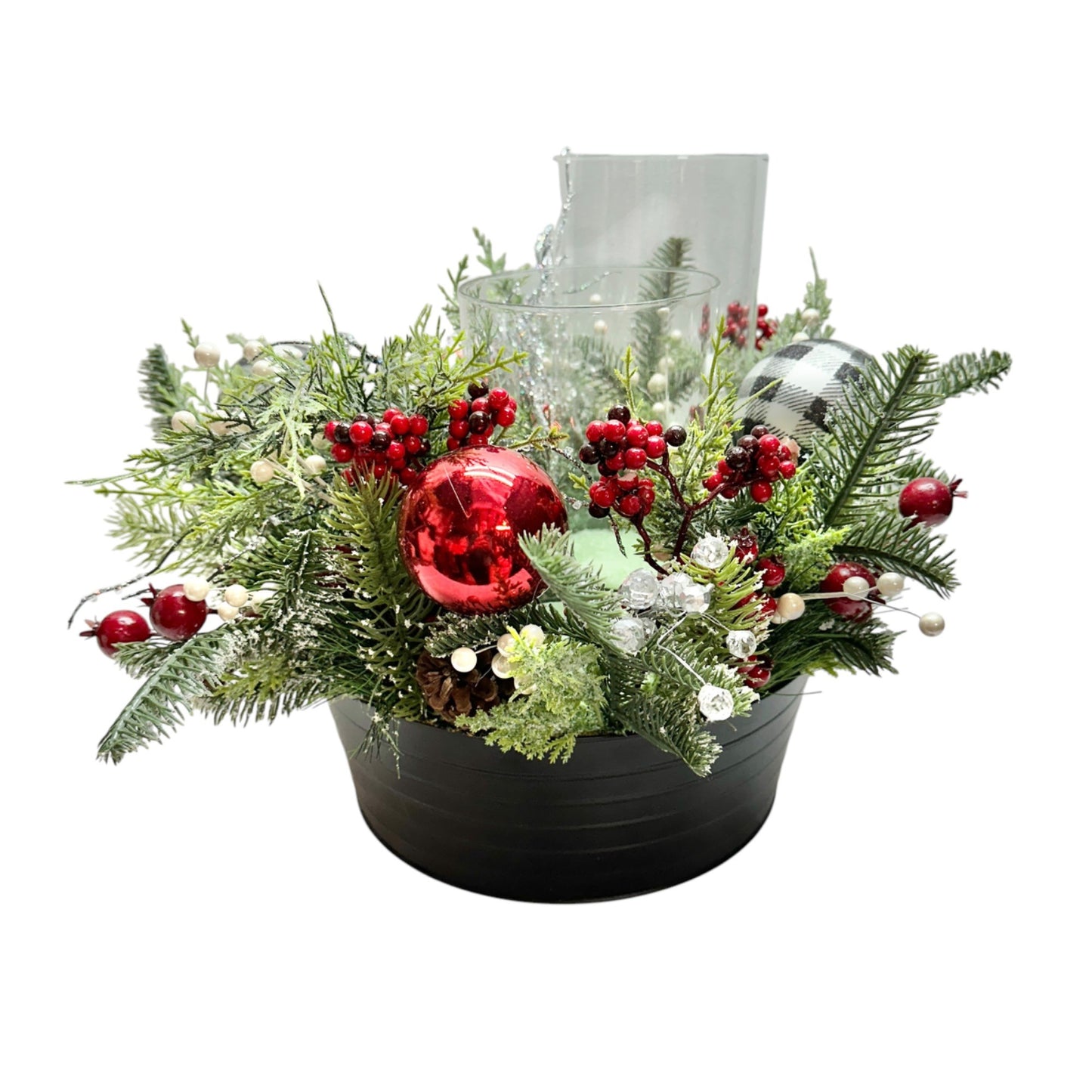 Holiday Centerpiece With Pinecones & Ornaments In Black Planter Bowl 13" Dia