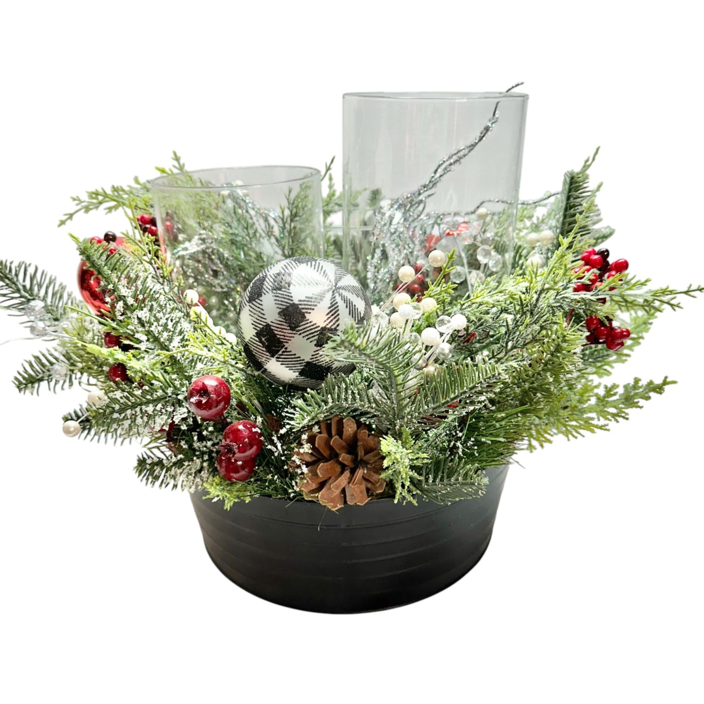 Holiday Centerpiece With Pinecones & Ornaments In Black Planter Bowl 13" Dia