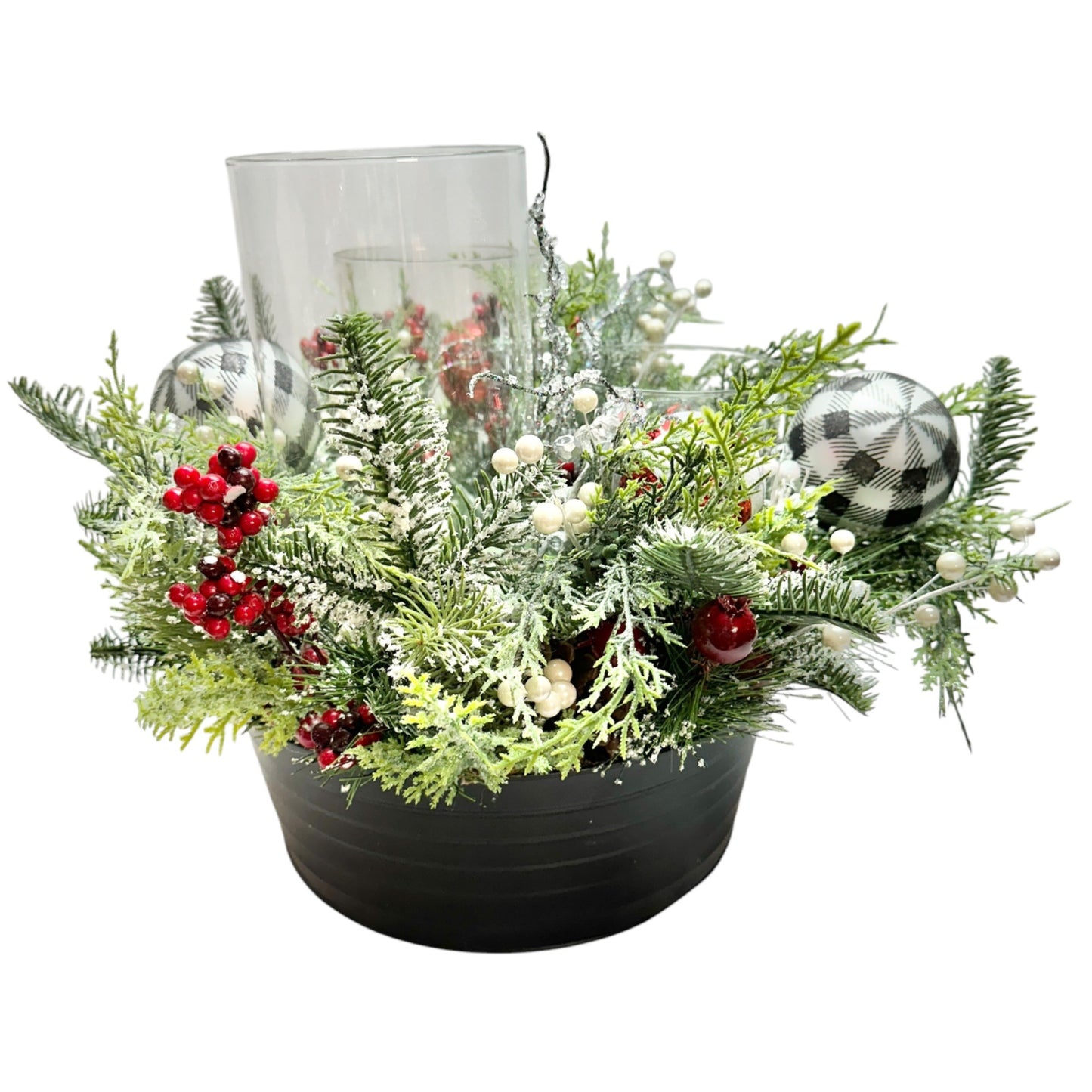 Holiday Centerpiece With Pinecones & Ornaments In Black Planter Bowl 13" Dia