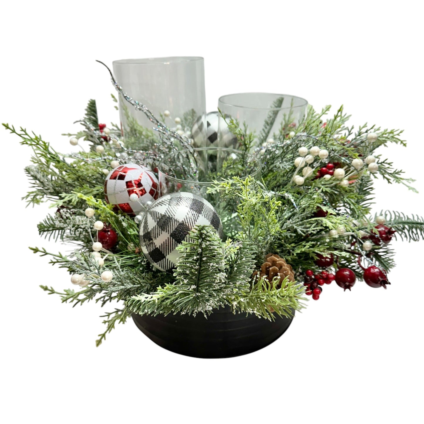 Holiday Centerpiece With Pinecones & Ornaments In Black Planter Bowl 13" Dia