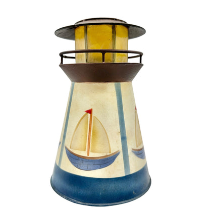 Lighthouse Metal Votive Tealight Candle Holder With Sailboat Design 7"H x 4.5"W