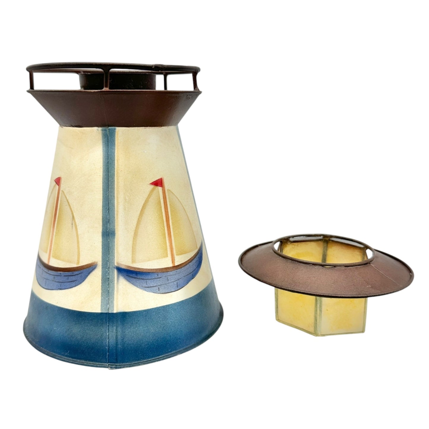 Lighthouse Metal Votive Tealight Candle Holder With Sailboat Design 7"H x 4.5"W