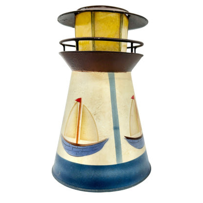 Lighthouse Metal Votive Tealight Candle Holder With Sailboat Design 7"H x 4.5"W