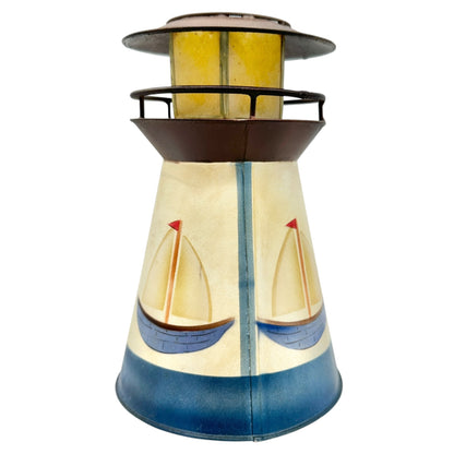 Lighthouse Metal Votive Tealight Candle Holder With Sailboat Design 7"H x 4.5"W