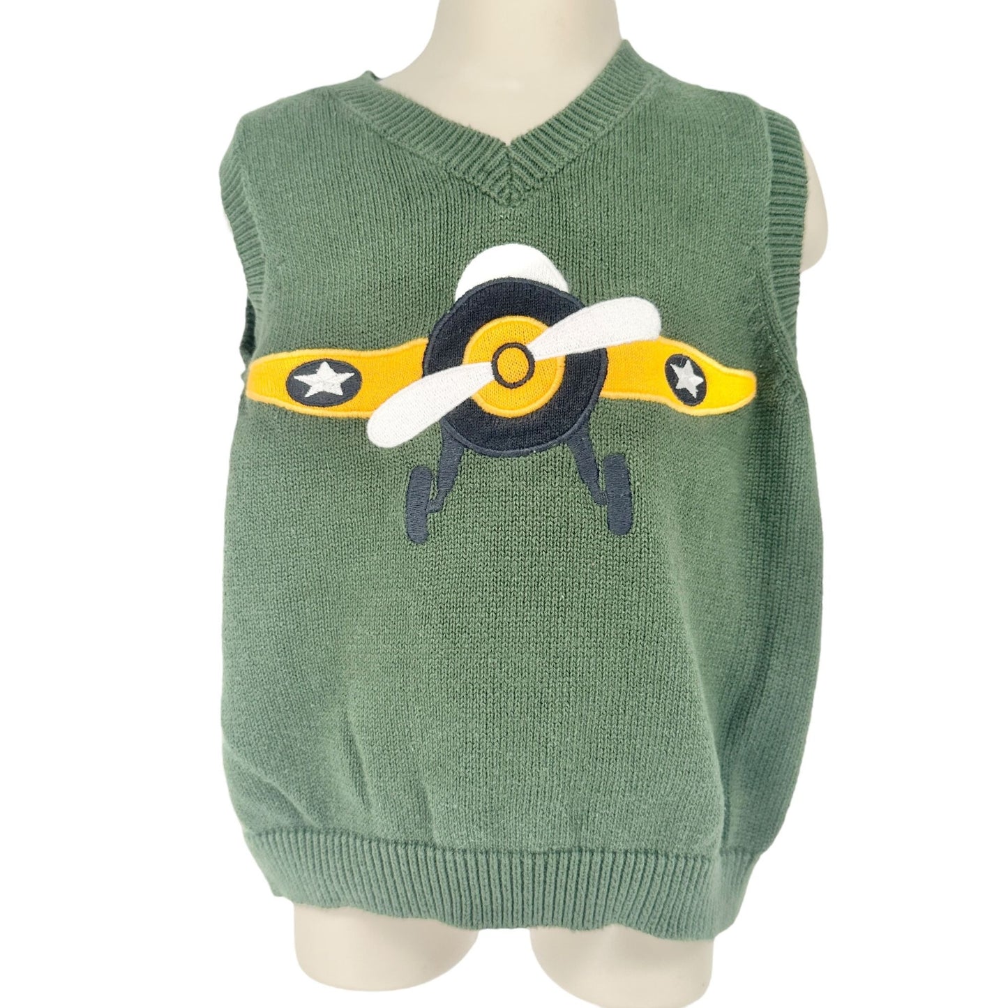 Crazy 8 Sweater Vest Kids 3 yrs Green Cotton with Airplane in Blue Yellow White