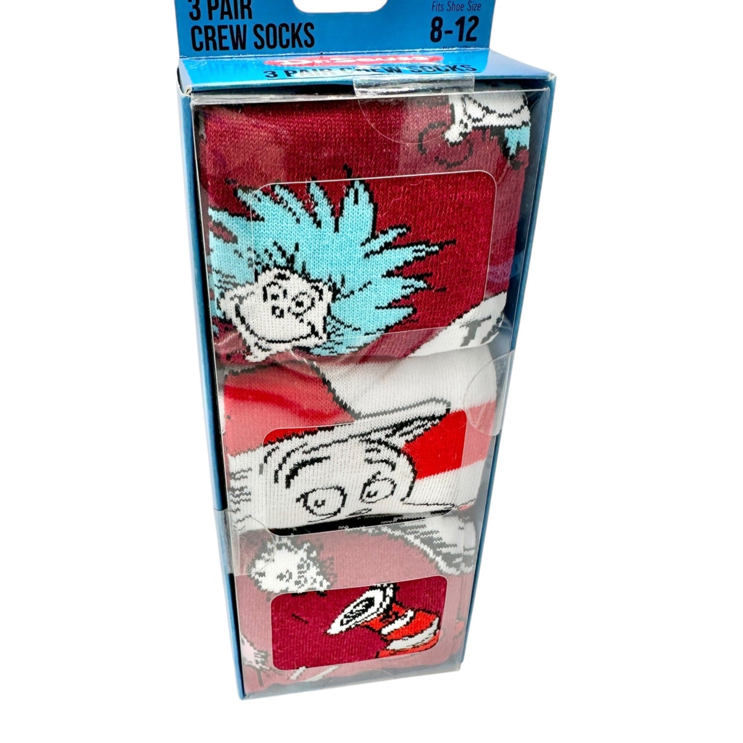 Dr. Seuss 3 Pair Crew Socks Fits Shoe Size 8-12 Fun Colorful Cat In The Hat NIB