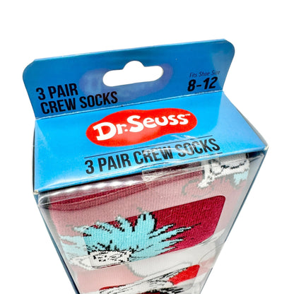Dr. Seuss 3 Pair Crew Socks Fits Shoe Size 8-12 Fun Colorful Cat In The Hat NIB