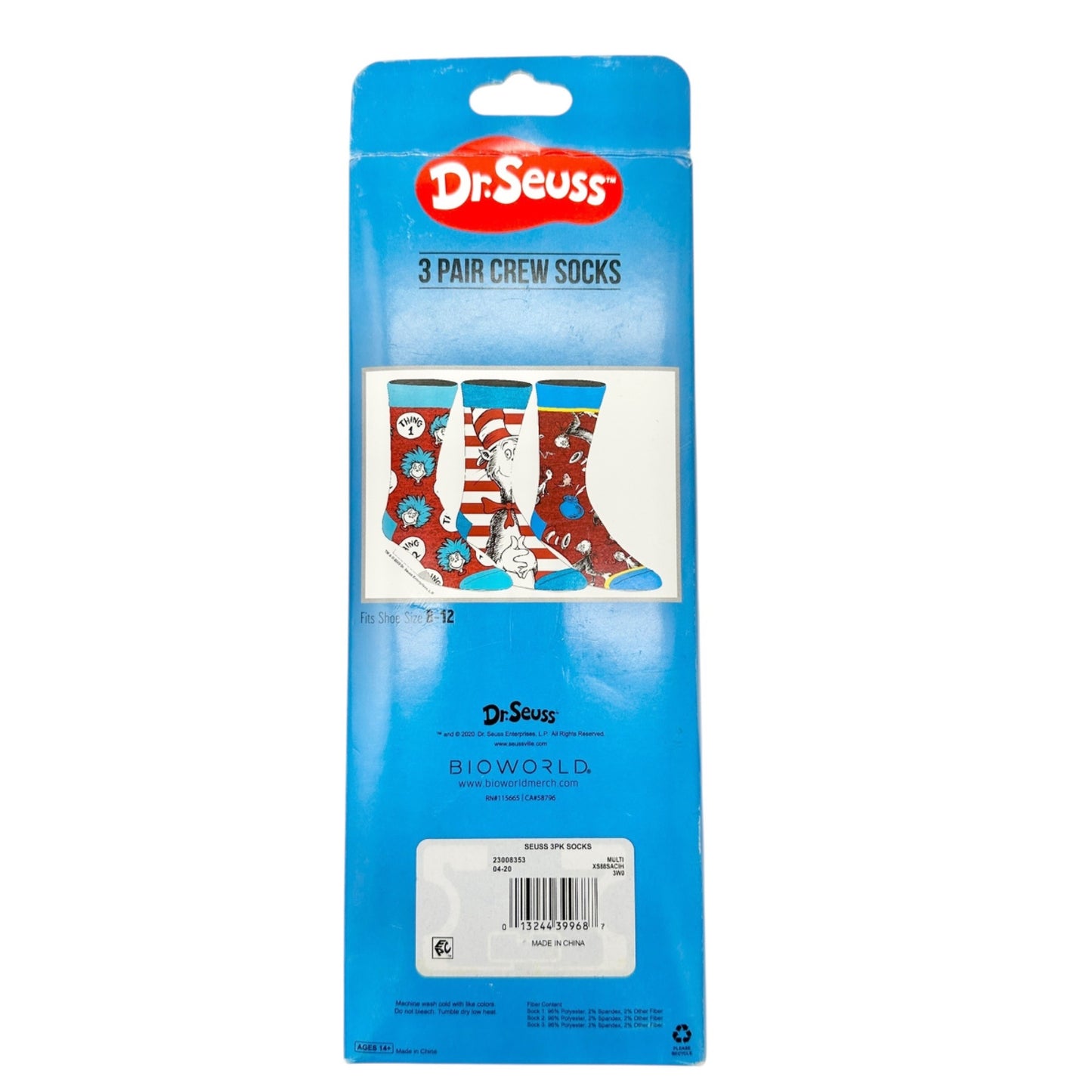 Dr. Seuss 3 Pair Crew Socks Fits Shoe Size 8-12 Fun Colorful Cat In The Hat NIB