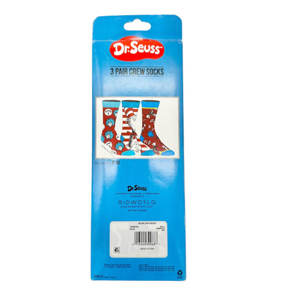 Dr. Seuss 3 Pair Crew Socks Fits Shoe Size 8-12 Fun Colorful Cat In The Hat NIB