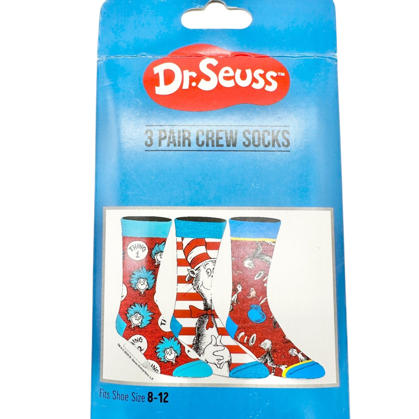 Dr. Seuss 3 Pair Crew Socks Fits Shoe Size 8-12 Fun Colorful Cat In The Hat NIB