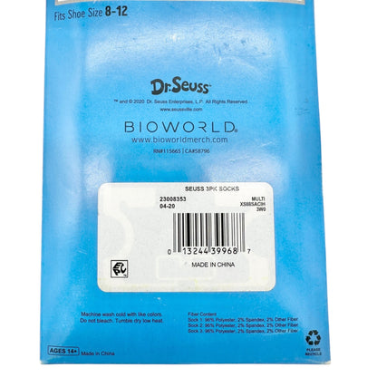 Dr. Seuss 3 Pair Crew Socks Fits Shoe Size 8-12 Fun Colorful Cat In The Hat NIB