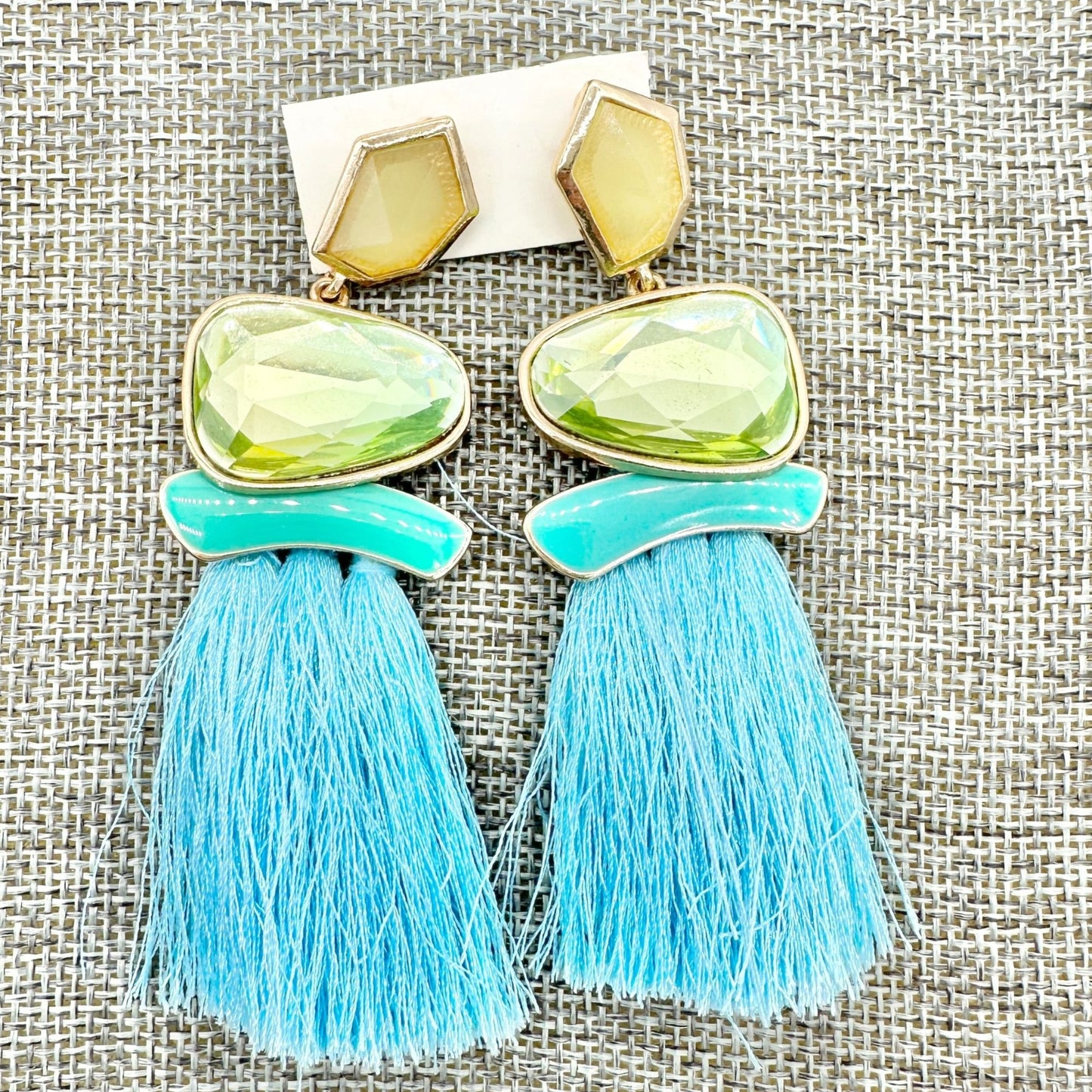 Statement Tassel Drop Earrings Yellow Green Gems Gold Accents Blue Fringe 3.5"L