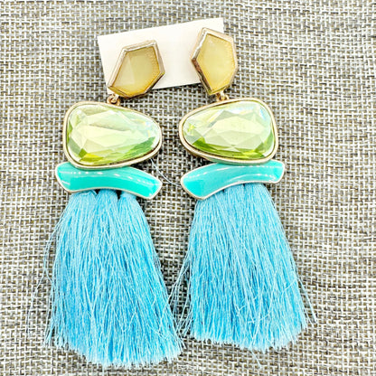 Statement Tassel Drop Earrings Yellow Green Gems Gold Accents Blue Fringe 3.5"L