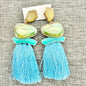 Statement Tassel Drop Earrings Yellow Green Gems Gold Accents Blue Fringe 3.5"L