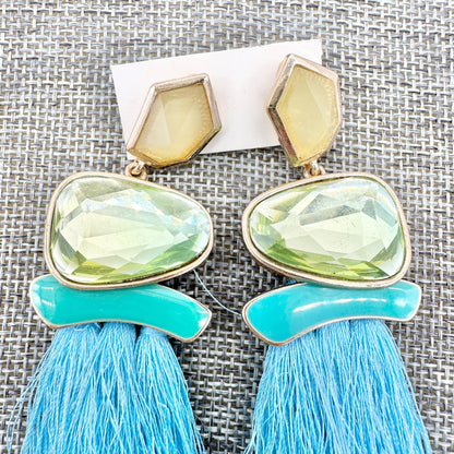 Statement Tassel Drop Earrings Yellow Green Gems Gold Accents Blue Fringe 3.5"L
