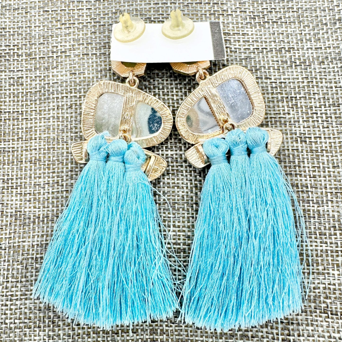 Statement Tassel Drop Earrings Yellow Green Gems Gold Accents Blue Fringe 3.5"L