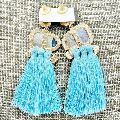 Statement Tassel Drop Earrings Yellow Green Gems Gold Accents Blue Fringe 3.5"L