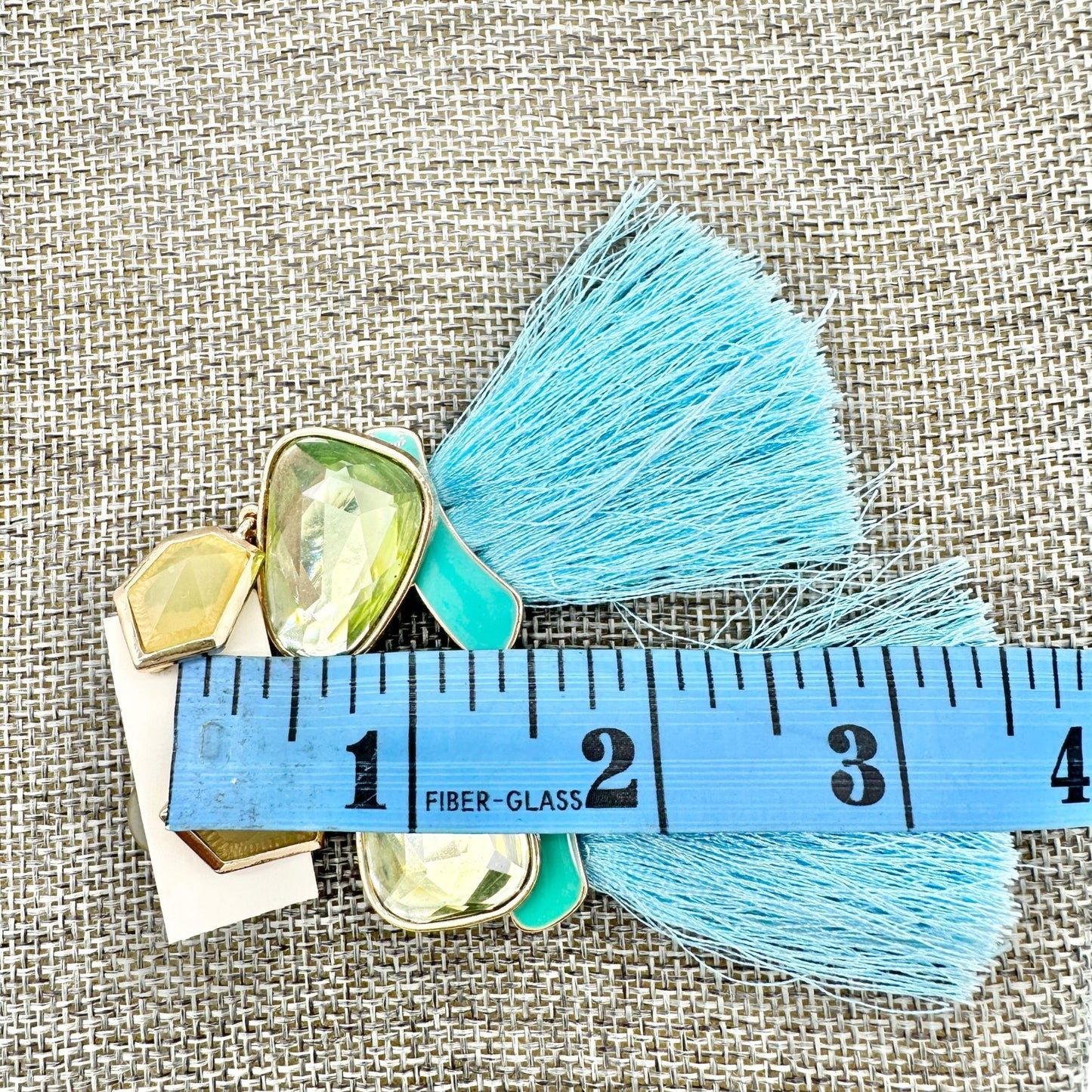 Statement Tassel Drop Earrings Yellow Green Gems Gold Accents Blue Fringe 3.5"L