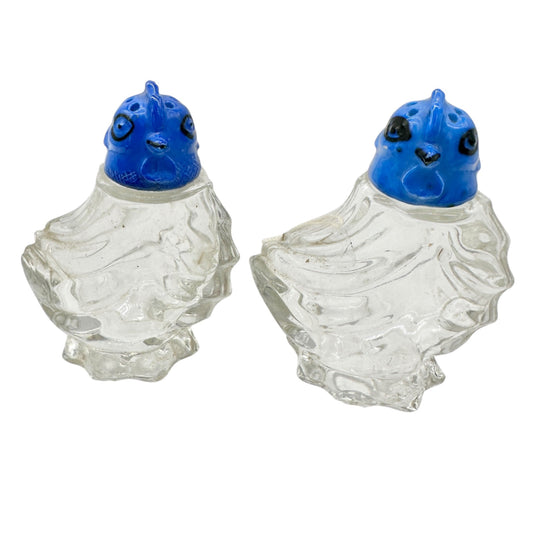 Vintage Blue Bird Salt and Pepper Shakers Clear Glass Blue Black Plastic Heads