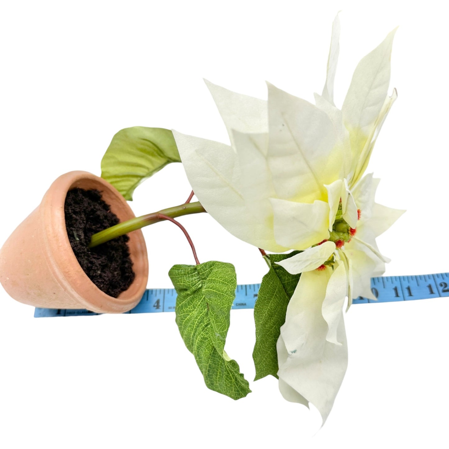 Pair of Faux White Poinsettia Plants In 3.5 inch Terracotta Pots 11 inches tall