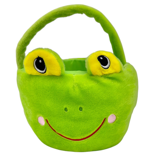 Plush Frog Face Green Basket w Handle Stuffed Polyester Fiber Lightweight Sturdy
