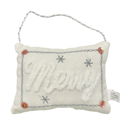Ornament Pillow 5 inch White Merry