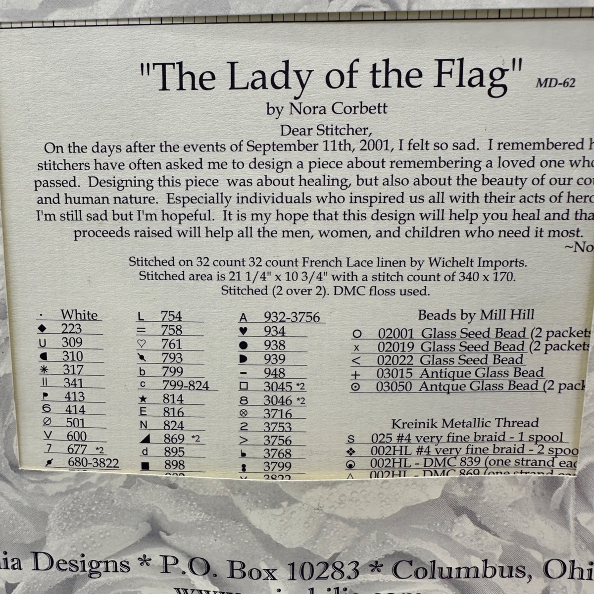 Mirabilia Cross Stitch Pattern THE LADY OF THE FLAG Nora Corbett Patriotic NEW