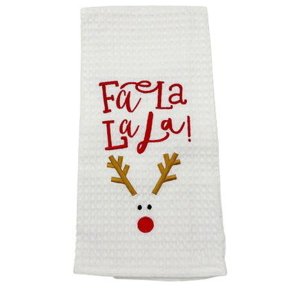 Mud Pie Holiday Kitchen Towel Fa La La La La Reindeer Waffle Weave Cotton 24x16