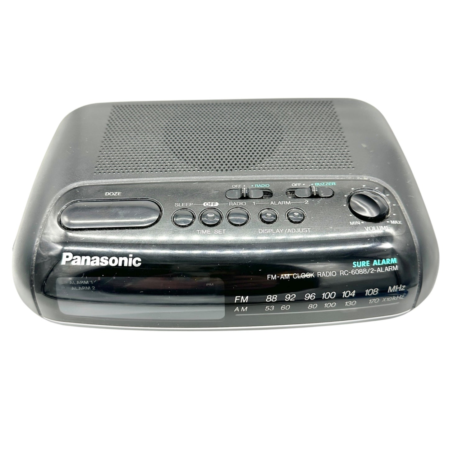 Panasonic FM AM Clock Radio RC6088 Dual Alarm Sure Alarm Black Dual Power WORKS