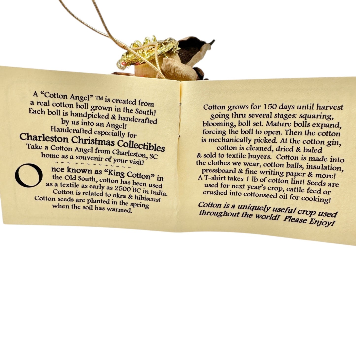 Southern Natures Cotton Angel Ornament Handcrafted w Pink Ribbon Christmas