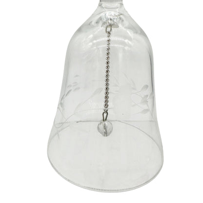 Crystal Hand Etched Glass Bell With Chain Clapper Ornate Floral Design 6" Tall