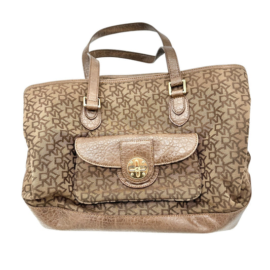 DKNY Monogrammed Tote Bag Brown Faux Leather Trim Gold Hardware 11x13x7