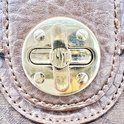 DKNY Monogrammed Tote Bag Brown Faux Leather Trim Gold Hardware 11x13x7