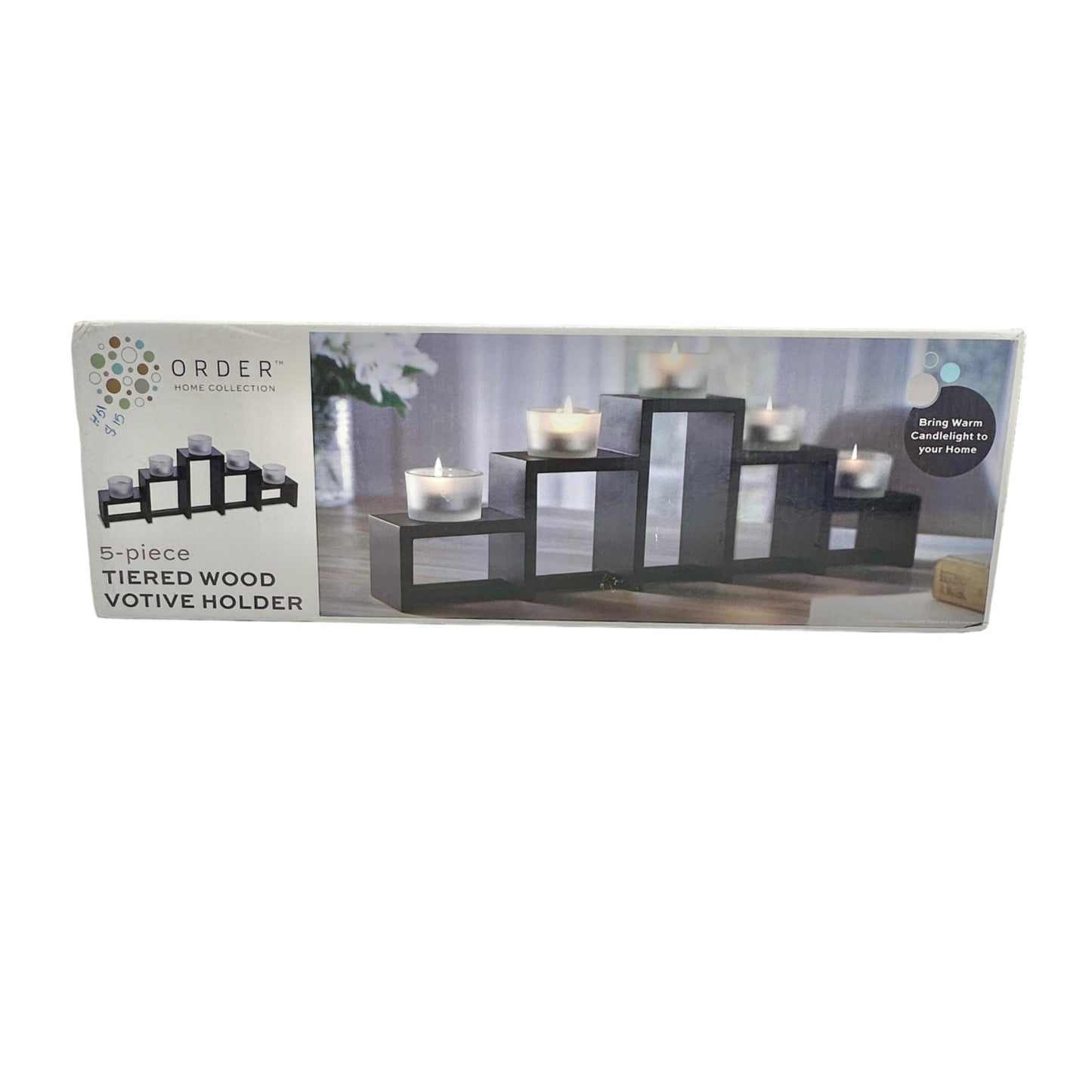 Order Home Collection 5 pc Tiered Wood Glass Votive Holder with Candles NIB