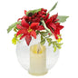 Holiday Candle Globe with Faux Poinsettias Greenery Battery Operated 6.5"x4.5"