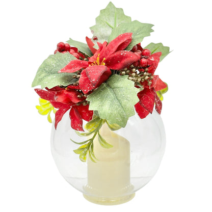 Holiday Candle Globe with Faux Poinsettias Greenery Battery Operated 6.5"x4.5"